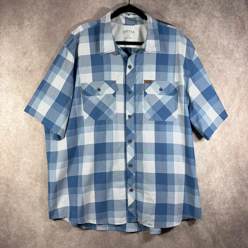 Orvis Button Down Shirt Mens XXL Blue Plaid Short Sleeve Lightweight Fishing
